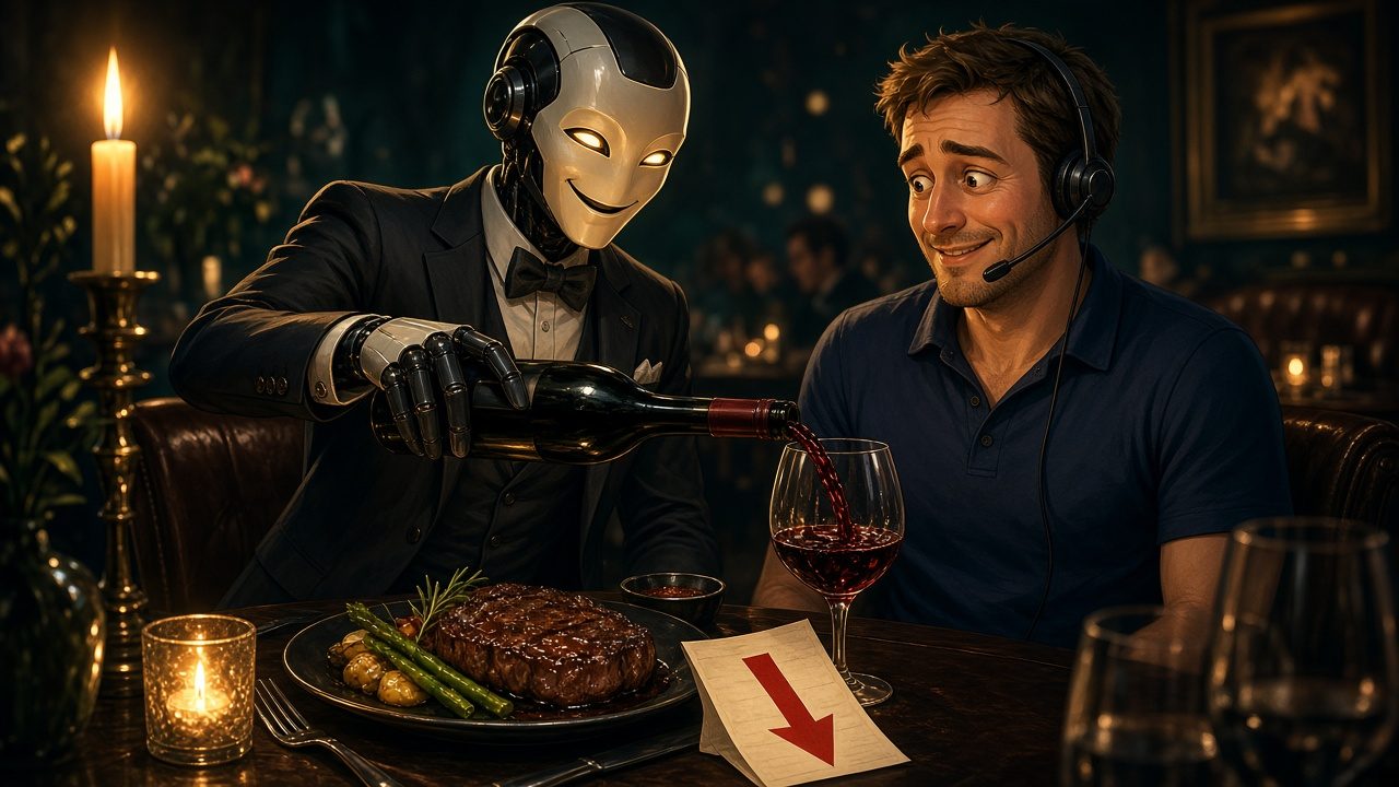A suited AI robot pours wine for a cable company rep over a steak dinner
